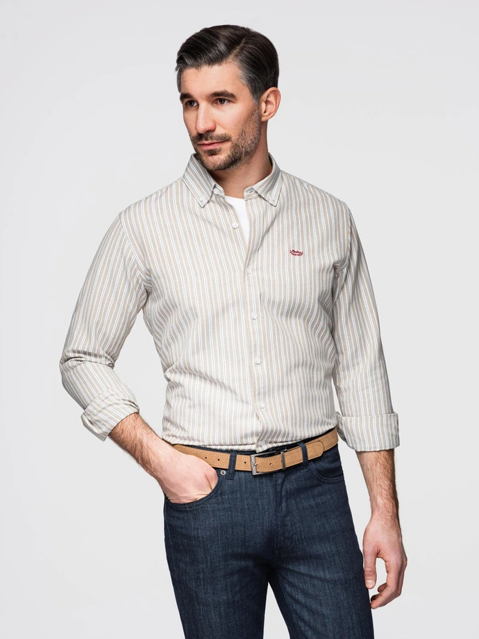 Men's cotton REGULAR FIT shirt with fine stripes - beige V1 OM-SHOS-0170