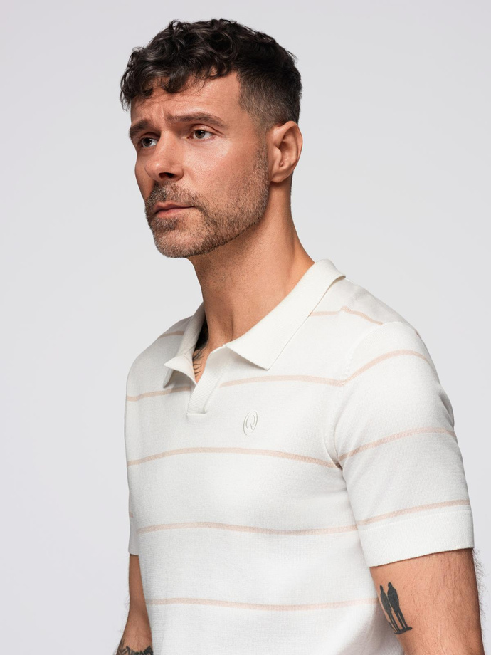 Men's horizontal striped viscose polo shirt - white and beige V4 OM-POSS-0145