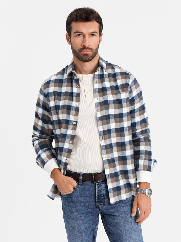 Classic men's flannel check cotton shirt - brown and navy blue V1 OM-SHCS-0157