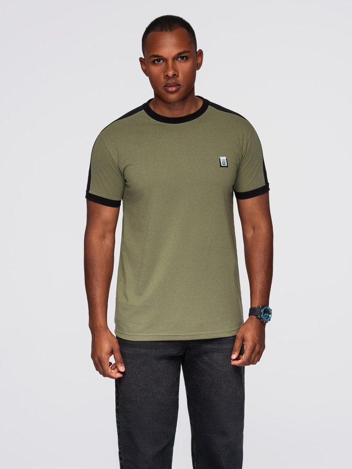 Men's T-shirt with contrasting stripes - olive V4 OM-TSCT-0115
