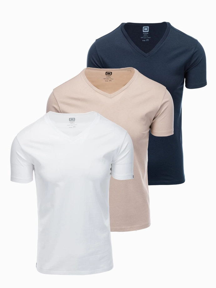 Set tricou cu decolteu în V din bumbac pentru bărbați BASIC - alb/nisip/marin V12 OM-TSBS-0233