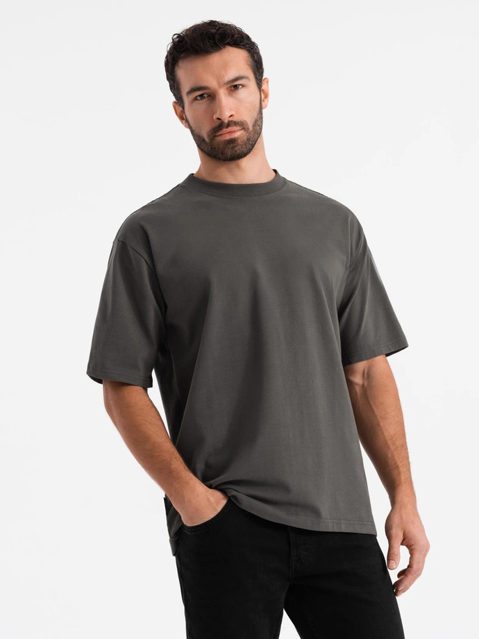 Men's LOOSE FIT cotton t-shirt with round neckline - gray-green V3 OM-TSBC-0234 