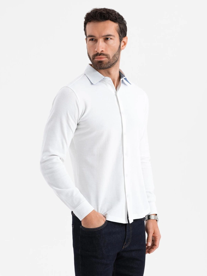 Cămașă cu mânecă lungă SLIM FIT tricotată pentru bărbați - alb V1 OM-SHCS-0177 