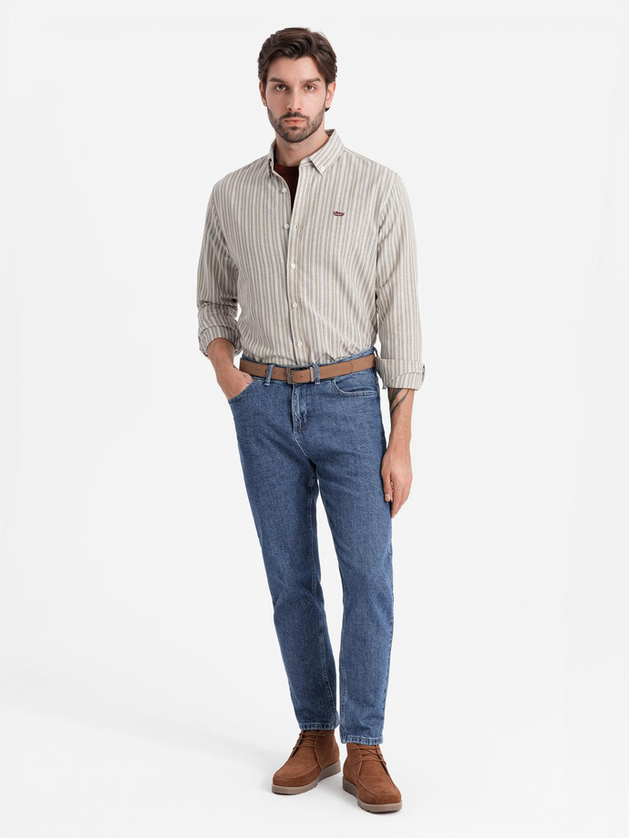 Men's cotton REGULAR FIT shirt with fine stripes - beige V1 OM-SHOS-0170