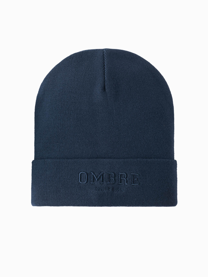 Men's knitted beanie hat with embroidered inscription - navy blue V3 OM-ACWH-0120