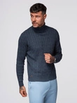 Men's turtleneck sweater with checkered weave - navy blue V3 OM-SWTN-0157
