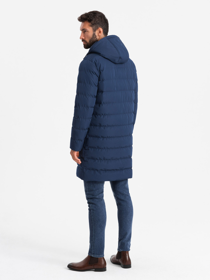Men's long quilted jacket with lapels and lining - dark blue V1 OM-JALJ-0177