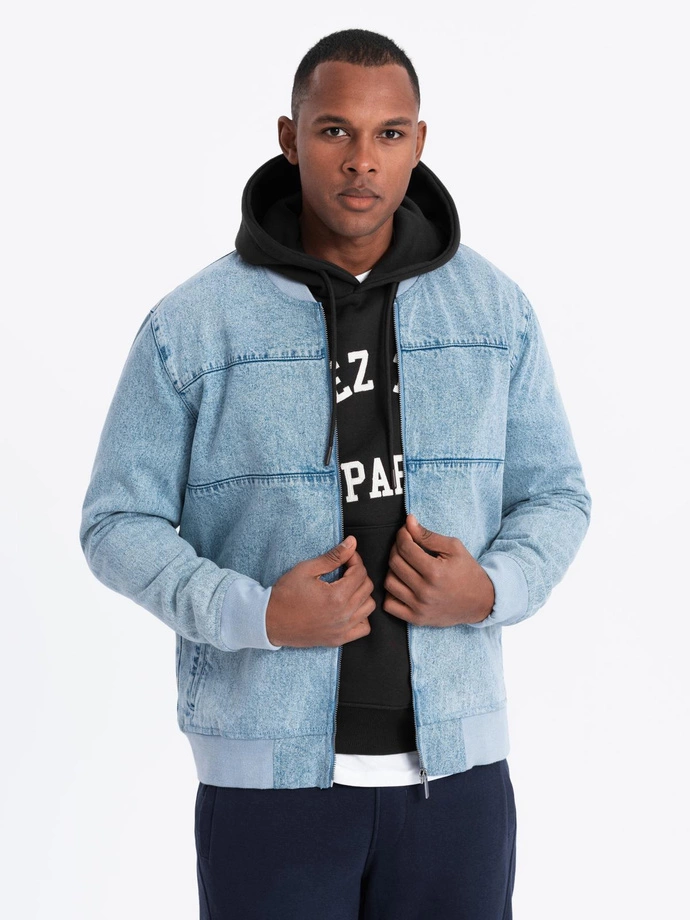 Men's denim bomber jacket with stone wash effect - light blue V3 OM-JADJ-0163