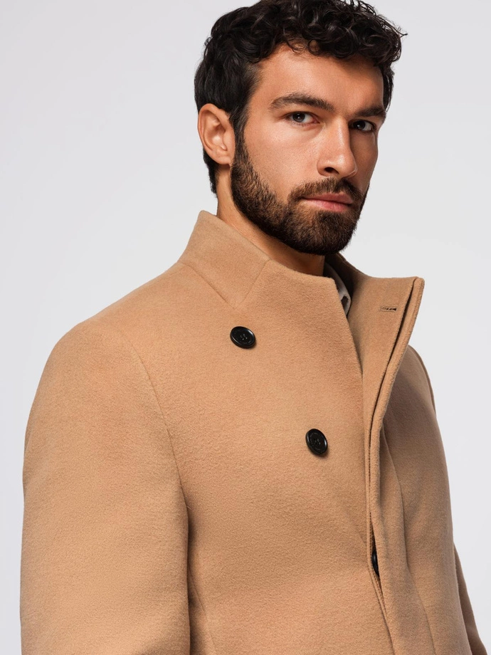 Men's coat with asymmetrical fastening and high collar - light brown V4 OM-COWC-0141
