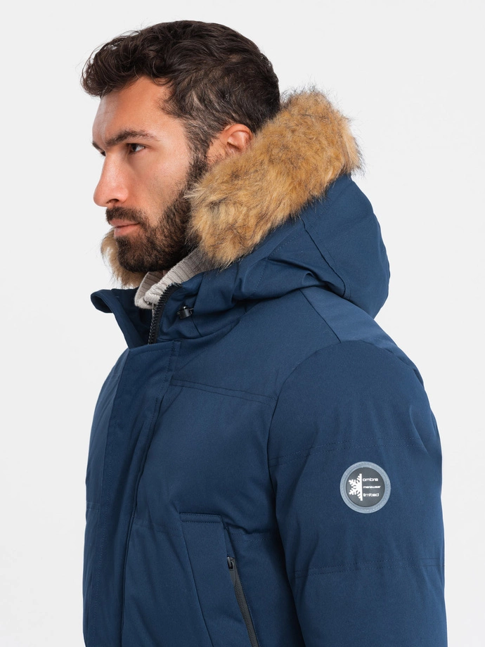 Jachetă parka lungă pentru bărbați cu fermoar pe tiv - albastru marin V5 OM-JALJ-0184