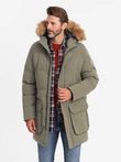 Men's long parka jacket with flared bottom - dark olive green V4 OM-JALJ-0184