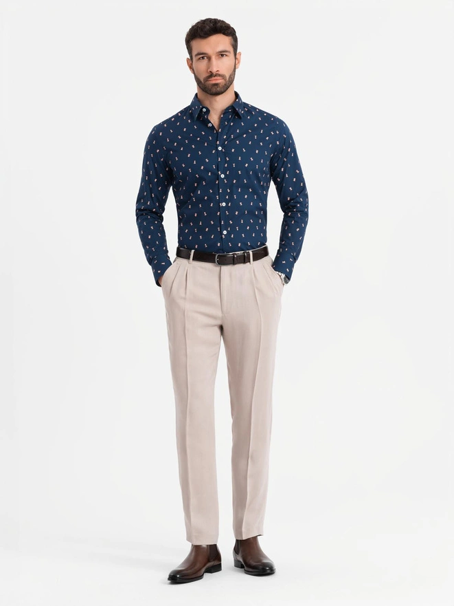 Vyriški medvilniniai raštuoti SLIM FIT marškiniai - rašalas V3 OM-SHCS-0151