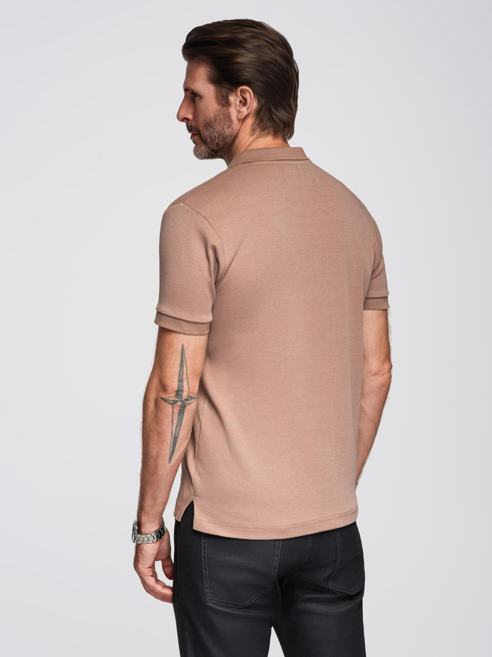 Men's polo shirt with zipper neckline - light brown V3 OM-POSS-0148
