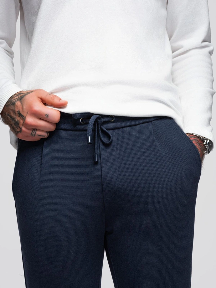 Men's pique knit pants with adjustable waistband - navy blue V1 OM-PACP-0283