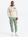 Men's kangaroo sweatshirt with hood and logo - cream V2 OM-SSNZ-0162