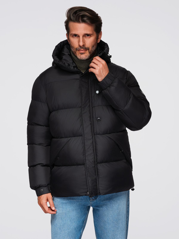Men's quilted jacket with high zipped hood - black V1 OM-JAHP-0238