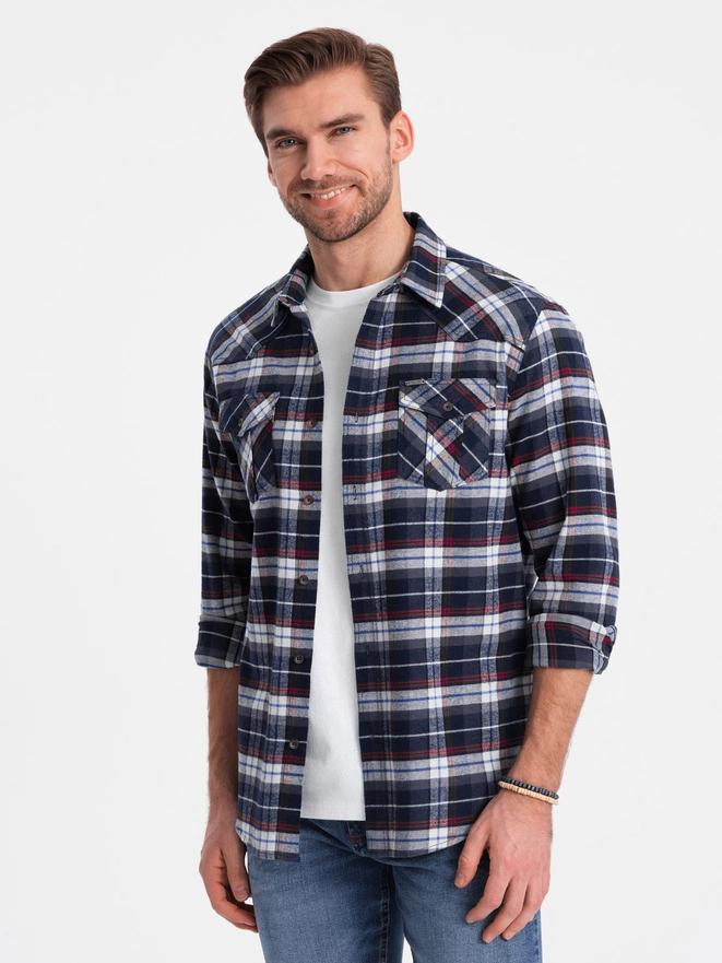 Men's checkered flannel shirt with pockets - navy blue and red V2 OM-SHCS-0149