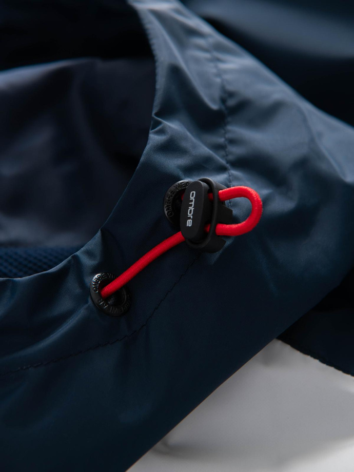 Men's contrast windbreaker jacket with hood - navy blue and white V1 OM-JANP-0228