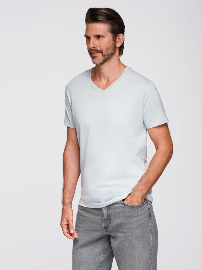 Bumbac clasic pentru bărbați BASIC tricou cu guler în V - maro V10 OM-TSBS-0145