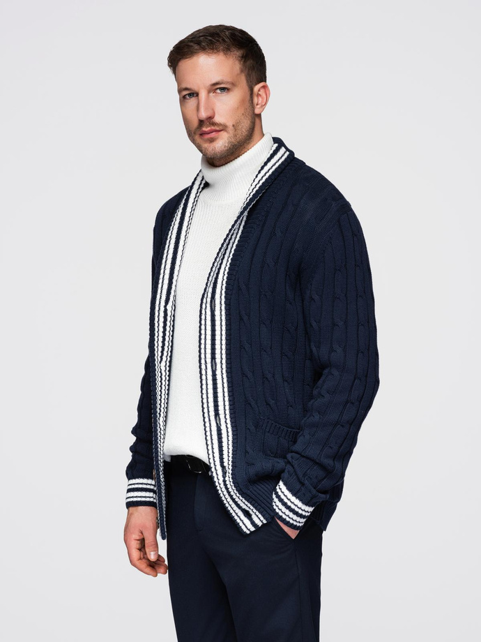 Pulover cardigan pentru bărbați cu guler șal în stil preppy - albastru marin V4 OM-SWCD-0152