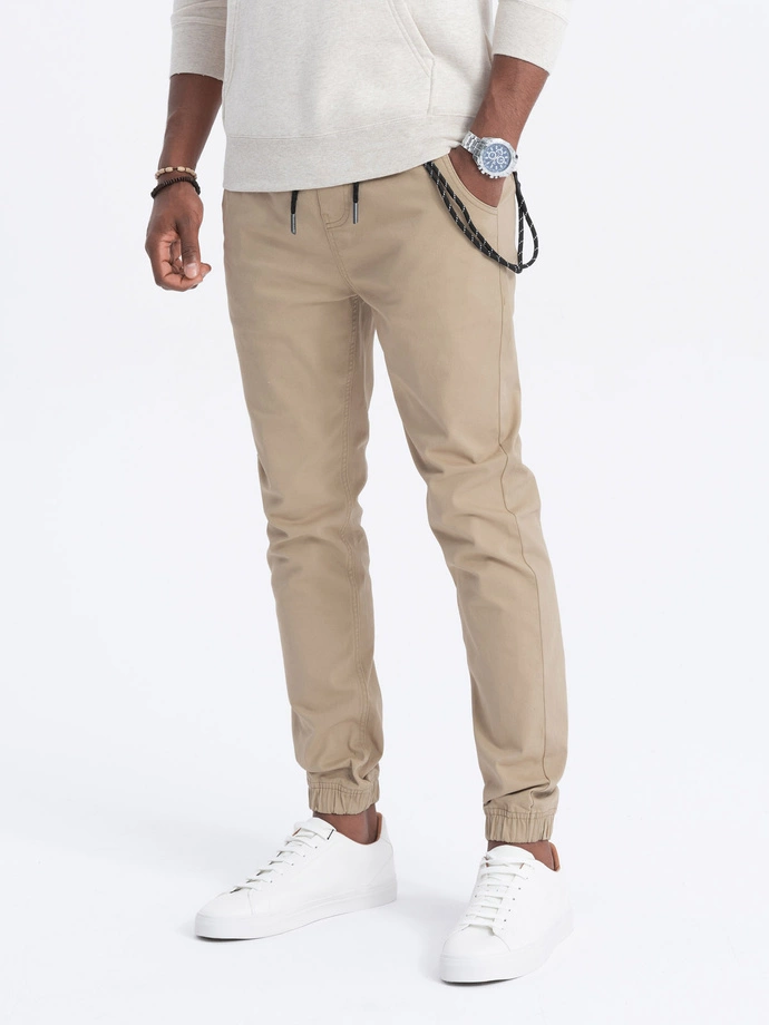 Men's fabric pants JOGGERS with decorative cord - beige V5 P908