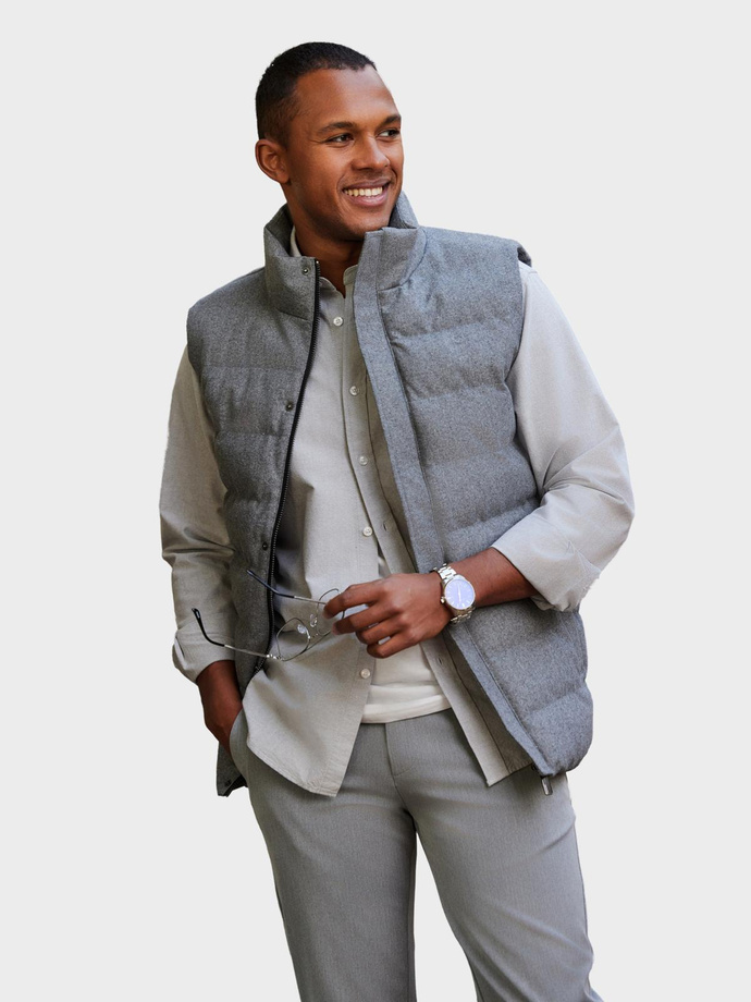 Men's quilted wool sleeveless jacket - grey melange V1 OM-JAVJ-0200