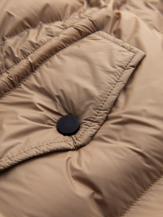 Men's long puffer jacket with snap pockets - brown V2 OM-JALJ-0186