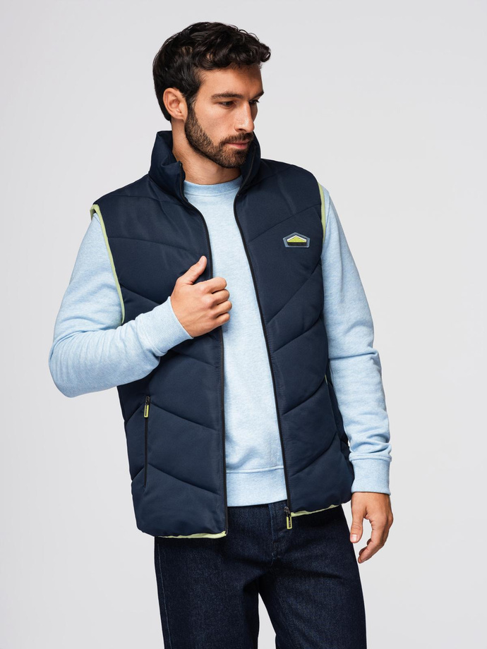 Men's quilted sleeveless jacket with neon accents - navy blue V3 OM-JAVJ-0210