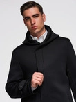 Men's minimalist medium length coat with hood - black V4 OM-COLC-0144