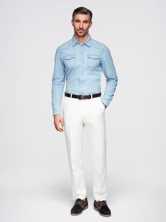 Cămașă bărbătească din denim cu buzunare și fermoar frontal - albastru deschis V1 OM-SHDS-0210