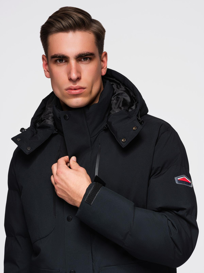 Men's winter jacket with detachable hood in waterproof material - black V3 OM-JAHP-0306