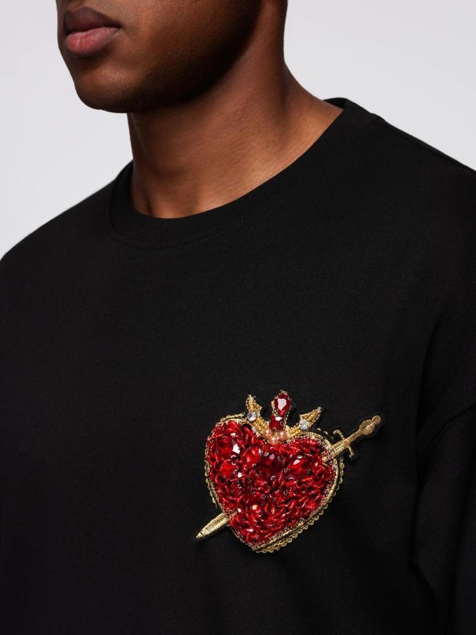 Tricou bărbătesc din bumbac cu aplicații de bijuterii pe piept - negru V1 OM-TSCT-0290