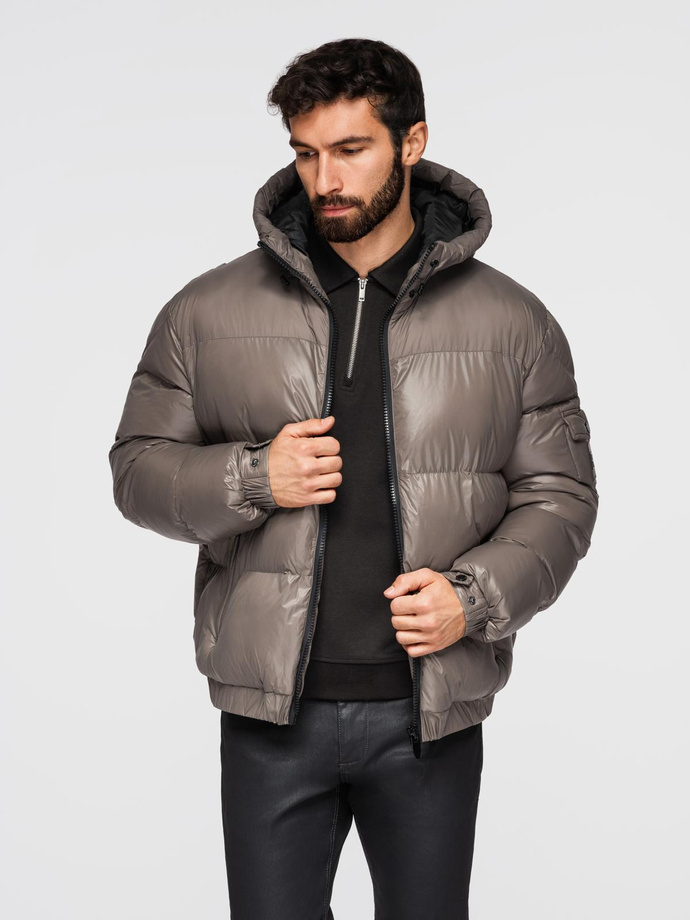 Warm men's puffer jacket with welts - dark beige V3 OM-JAHP-0207