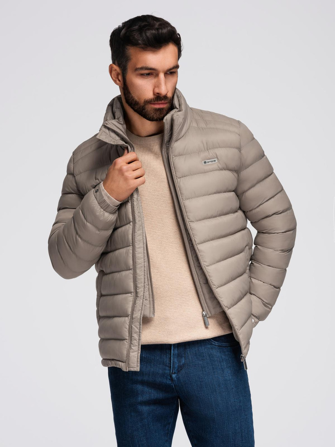 Men's quilted jacket with two fasteners - dark beige V4 OM-JALP-0231