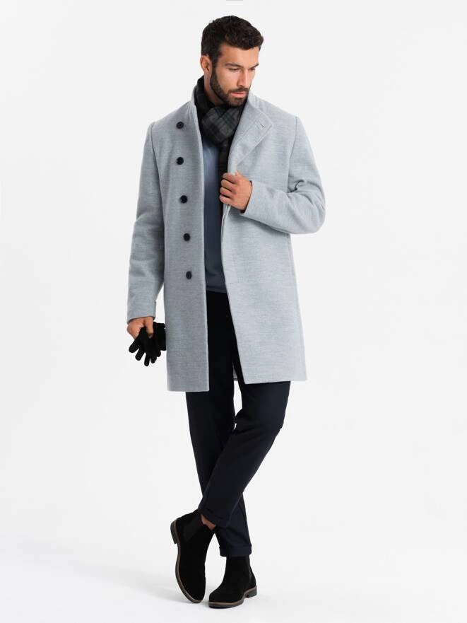 Men's coat with high collar and asymmetrical fastening - grey melange V1 OM-COWC-0120