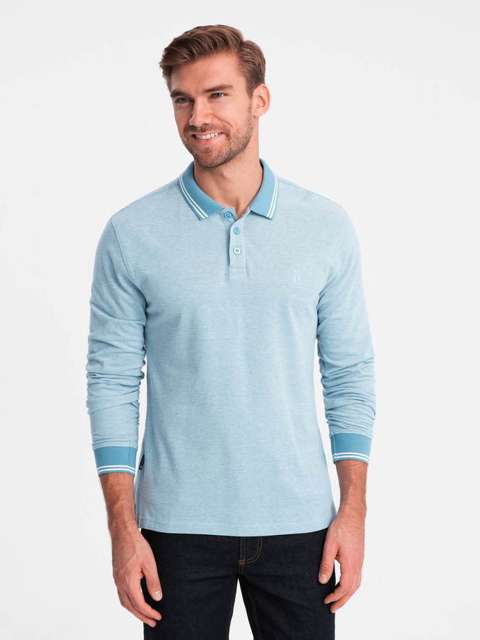 Men's melange polo longsleeve with embroidery - blue melange V3 OM-POLS-0129 