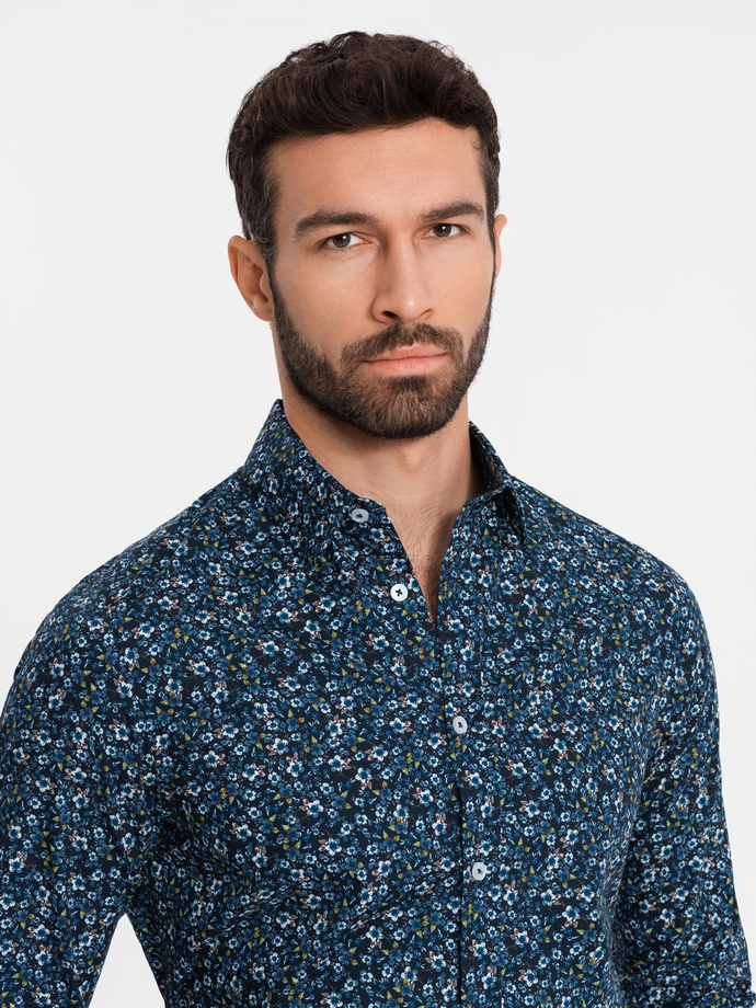 Vyriški SLIM FIT raštuoti medvilniniai marškiniai - tamsiai mėlyni V1 OM-SHCS-0151