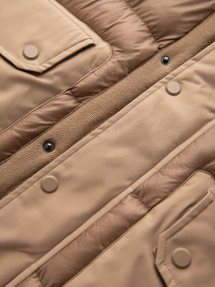 Men's long quilted jacket with large pockets - beige V2 OM-JALJ-0165
