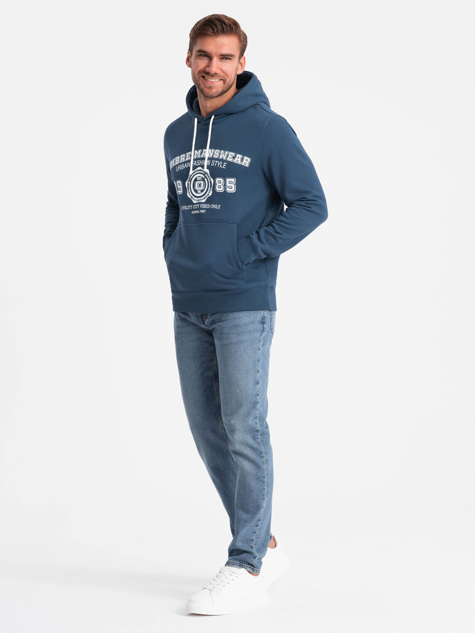 Men's kangaroo hoodie with college style print - navy blue V2 OM-SSPS-0143