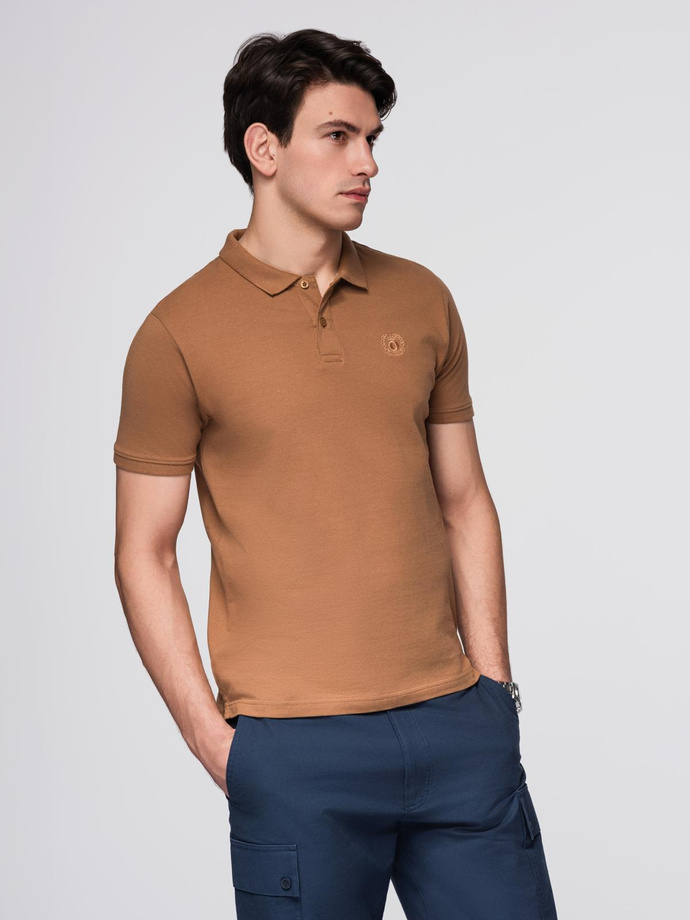 Tricou polo BASIC pentru bărbați BASIC tricot piqué monocolor - maro V23 OM-POBS-0100
