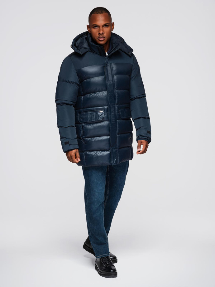 Men's quilted jacket with combined materials and hood - navy blue V3 OM-JALJ-0266