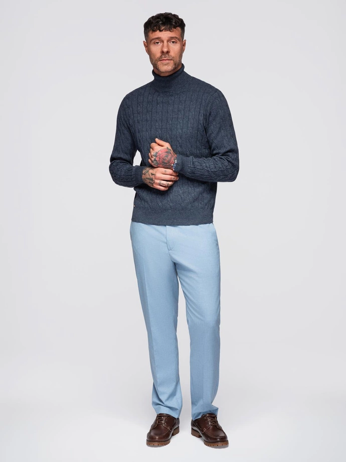 Pulover bărbătesc cu guler înalt și țesătură în carouri - albastru marin V3 OM-SWTN-0157