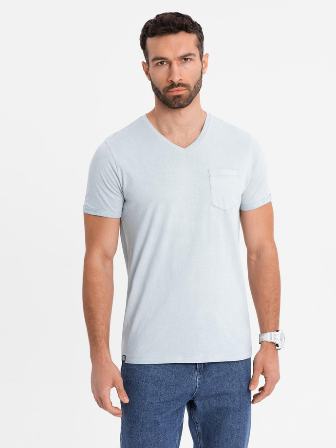 Men's cotton V-neck knit t-shirt with wash effect - grey V8 OM-TSWT-0242
