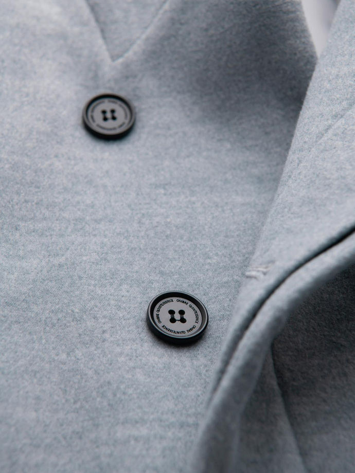 Vyriškas paltas su aukšta apykakle ir asimetrišku užsegimu - pilkas melanžas V1 OM-COWC-0141