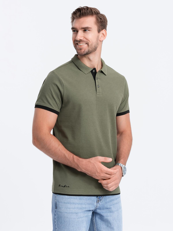 Tricou polo bărbătesc din bumbac cu ornamente contrastante - olive V6 OM-POSS-0113