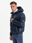 Warm men's puffer jacket with welts - navy blue V2 OM-JAHP-0207