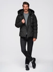 Men's quilted jacket with cut of ramoneski with hood - black V1 OM-JAHP-0252