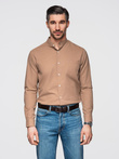 Men's linen shirt with stand-up collar and pocket REGULAR FIT - light brown V7 OM-SHCS-0161