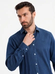 Men's denim shirt with lyocell and embroidery on chest - dark blue V1 OM-SHDS-0180