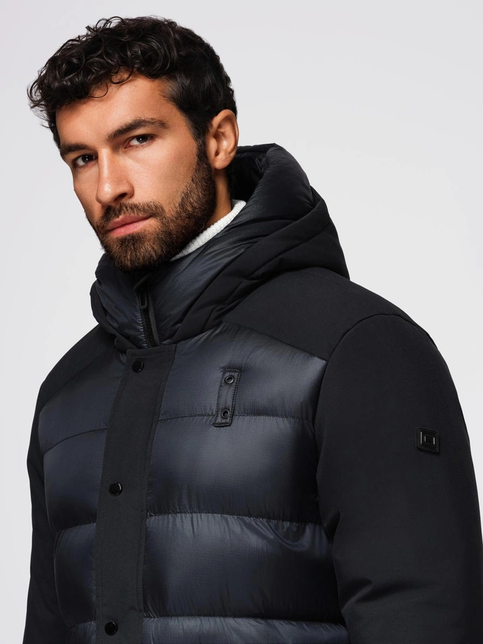 Men's long quilted jacket with large pockets - black V1 OM-JALJ-0308